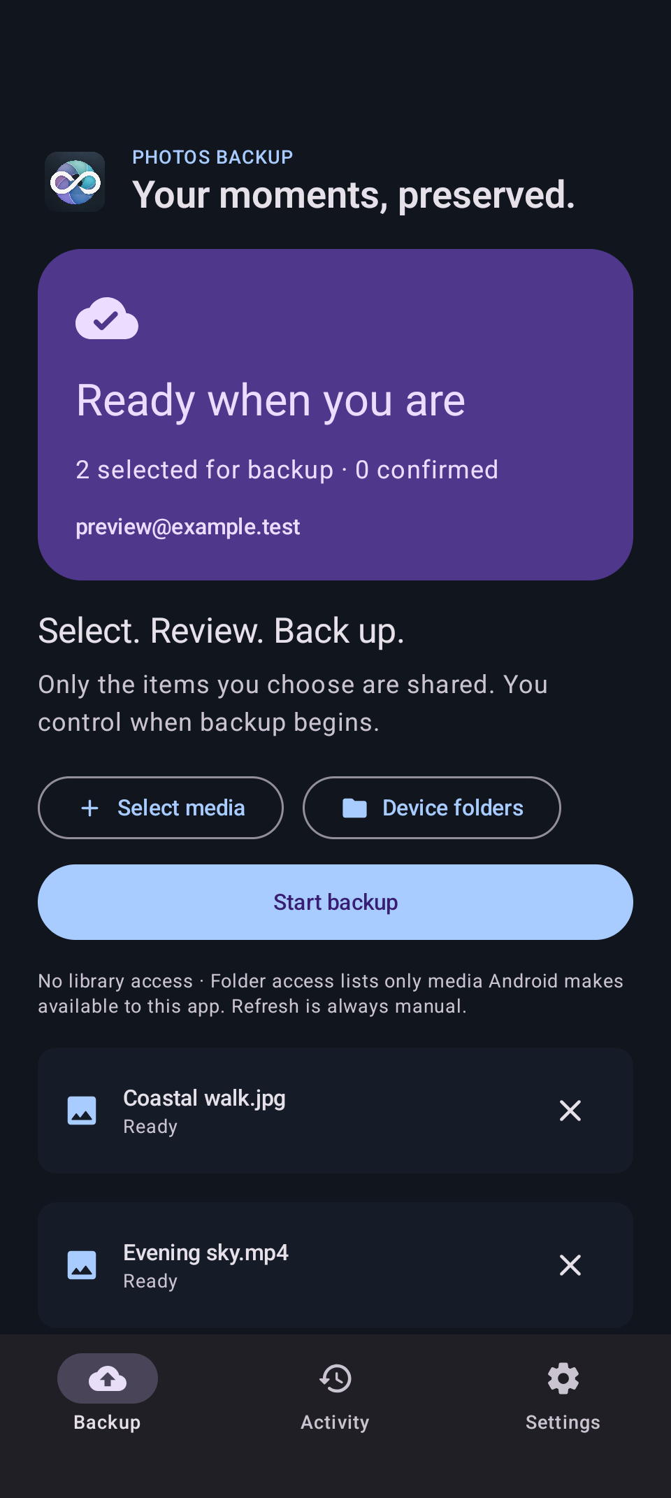 Photos Backup for Android showing a dark backup overview.
