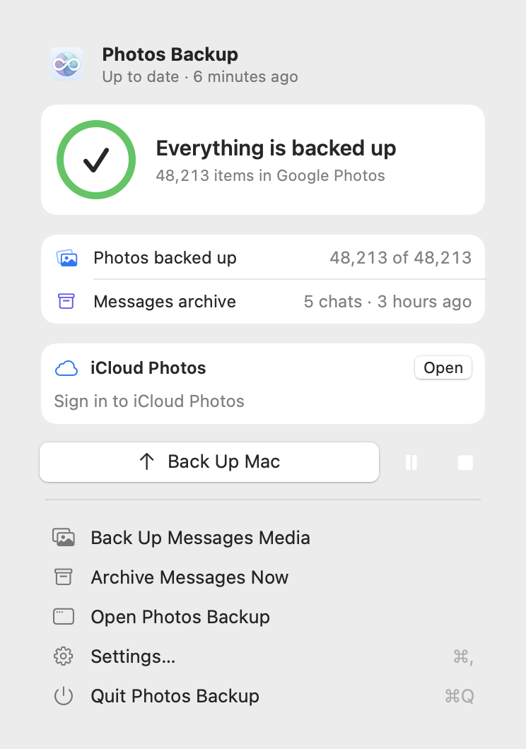 Photos Backup on macOS showing backup status, iCloud Photos, and backup controls.