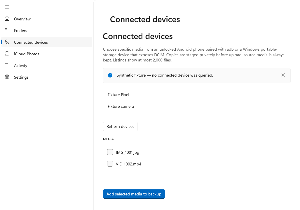 Photos Backup v0.5.0 on Windows showing connected-device import with synthetic media.